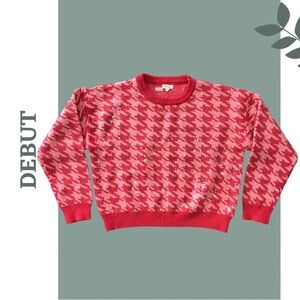 Debut Pink Houndstooth Sequin Women's Crew Neck Pullover Sweater Size Large